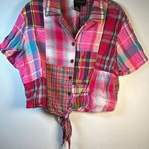 Vintage Carole Little Sport Madras Front Tie Blouse SZ 14 BBQ Beach Party Summer